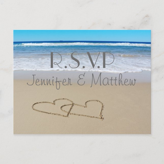 Beach Love Hearts wedding "rsvp" postcard (Front)