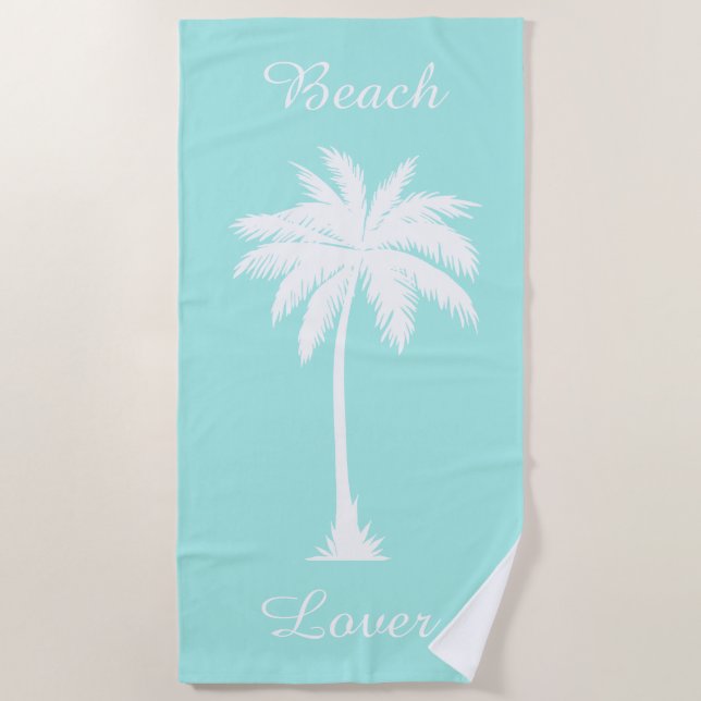 Beach Lover Palm Tree Blue White Beach Towel (Front)