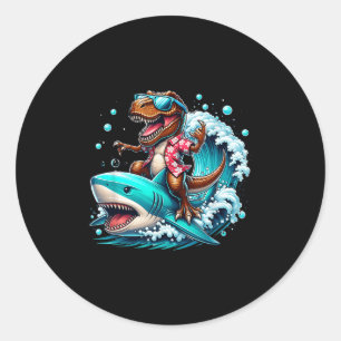 Beach Lover T-rex Dinosaur Riding Shark Surfing Oc Classic Round Sticker