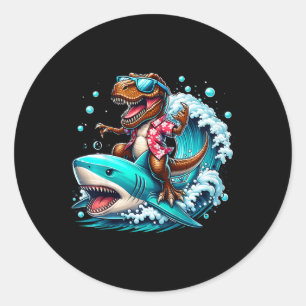 Beach Lover T-rex Dinosaur Riding Shark Surfing Oc Classic Round Sticker