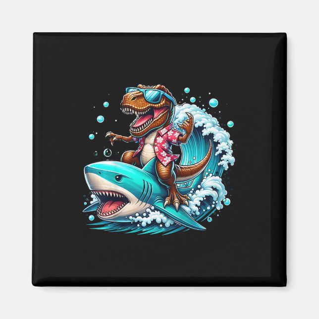 Beach Lover T-rex Dinosaur Riding Shark Surfing Oc Magnet (Front)