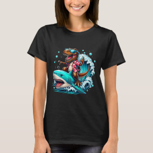 Beach Lover T-rex Dinosaur Riding Shark Surfing Oc T-Shirt