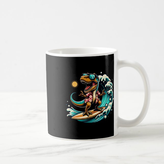 Beach Lover T-rex Dinosaur Riding Surfboard Surfin Coffee Mug (Right)