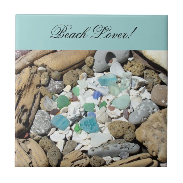 Beach Lover! Tile Art Blue Sea Glass Seashells (Front)