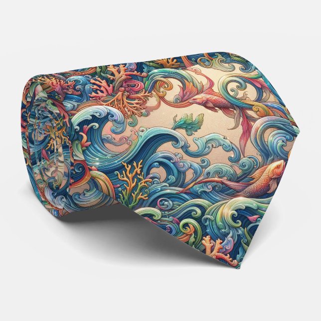 Beach Lovers Tie | Holographic Ocean Coral Pattern (Rolled)