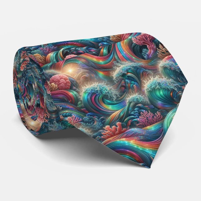 Beach Lovers Tie | Rainbow Ocean Coral Pattern (Rolled)