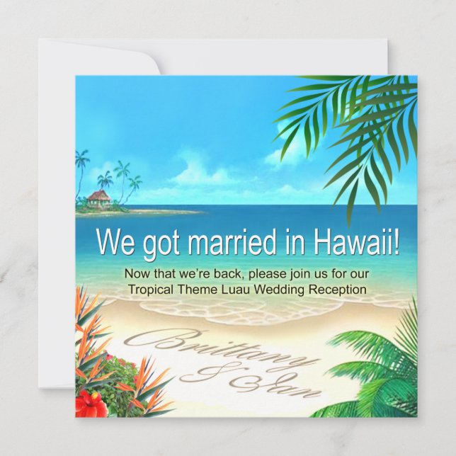 Beach Luau Hawaii Reception get names in sand Invitation (Front)