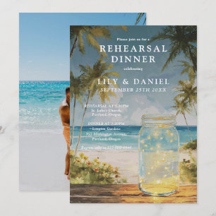Beach Mason Jar Wedding Rehearsal Dinner Photo Invitation