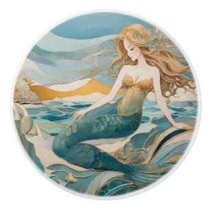 Beach Mermaid by Sea Turquoise Gold Left facing Ceramic Knob