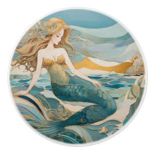 Beach Mermaid by Sea Turquoise Gold Right facing Ceramic Knob