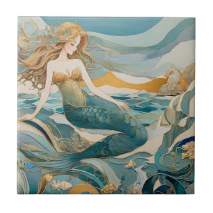 Beach Mermaid by the Sea Turquoise Gold Right side Tile