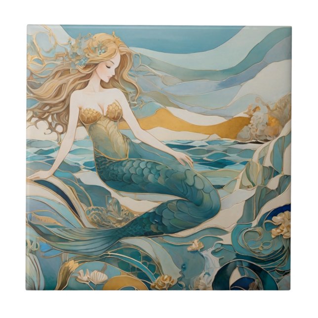 Beach Mermaid by the Sea Turquoise Gold Right side Tile (Front)