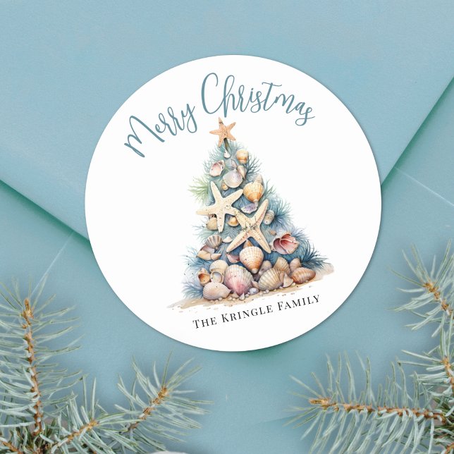 Beach Merry Christmas Classic Round Sticker (Beach Merry Christmas Classic Round Sticker )