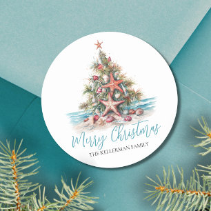 Beach Merry Christmas Tree Classic Round Sticker