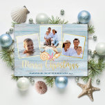 Beach Merry Christmas Wood Photo Coastal Gold Foil Holiday Card<br><div class="desc">Send warm Christmas wishes from the beach with this personalised coastal holiday card with 3 photos,  and “Merry Christmas” script calligraphy printed with real gold foil. In the centre is a group of watercolor seashells,  with a beach wood background.</div>