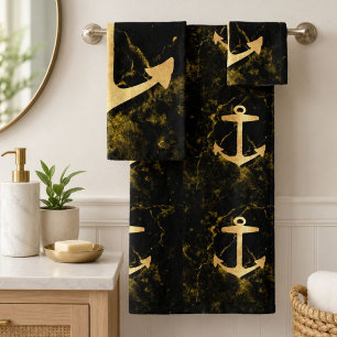 beach minimalist chic gold anchor black marble bath towel set