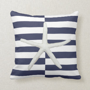 Beach Modern Starfish Bold Striped Navy and White Cushion