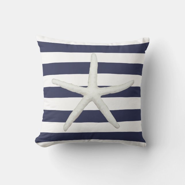 Beach Modern Starfish Simple Stripe Navy and White Cushion (Front)