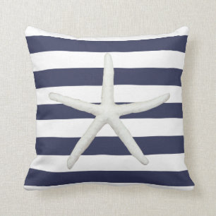 Beach Modern Starfish Simple Stripe Navy and White Cushion