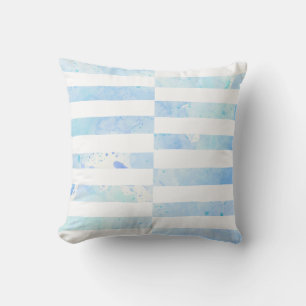 Beach Modern Watercolor Wash Stripe Blue n White Cushion