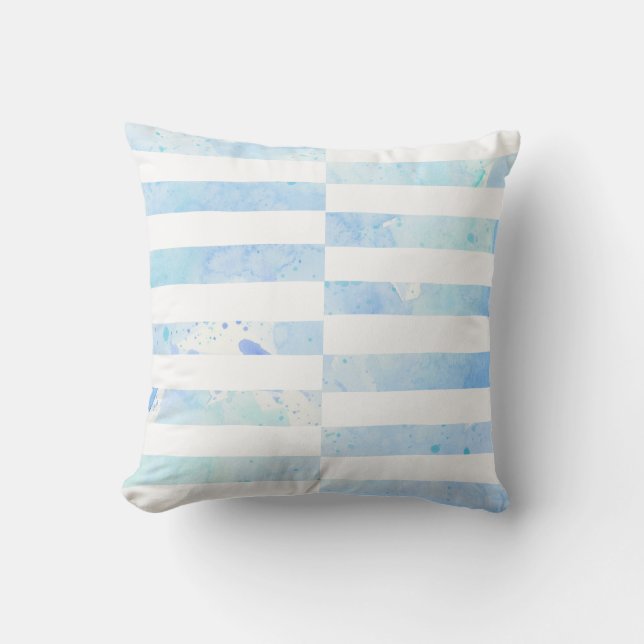 Beach Modern Watercolor Wash Stripe Blue n White Cushion (Front)
