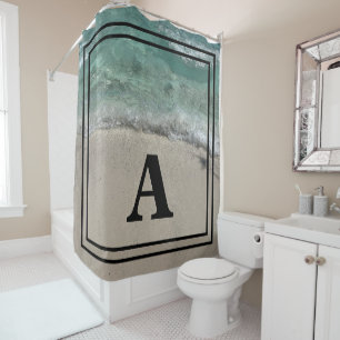 Beach Monogram Name Ocean Artsy Teal Black Shower Curtain