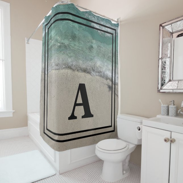 Beach Monogram Name Ocean Artsy Teal Black Shower Curtain (In Situ)