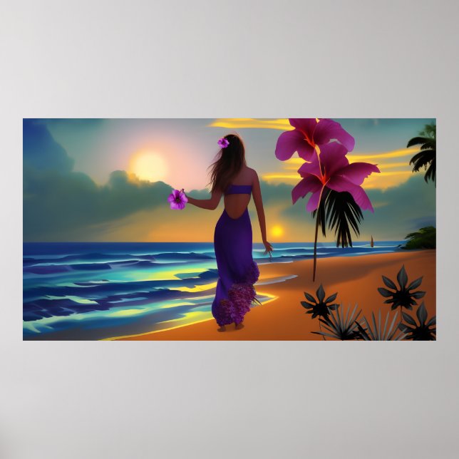 Beach moonlight stroll woman blue sea dress poster (Front)