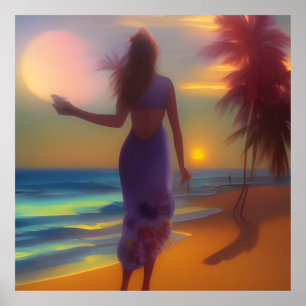 Beach moonlight stroll woman ocean palm trees poster