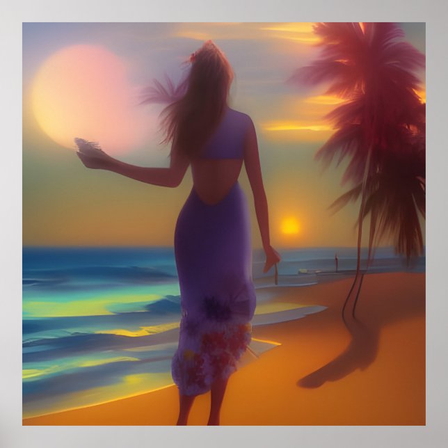 Beach moonlight stroll woman ocean palm trees  poster (Front)