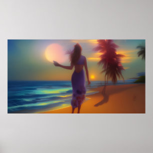Beach moonlight stroll woman ocean sand palms poster