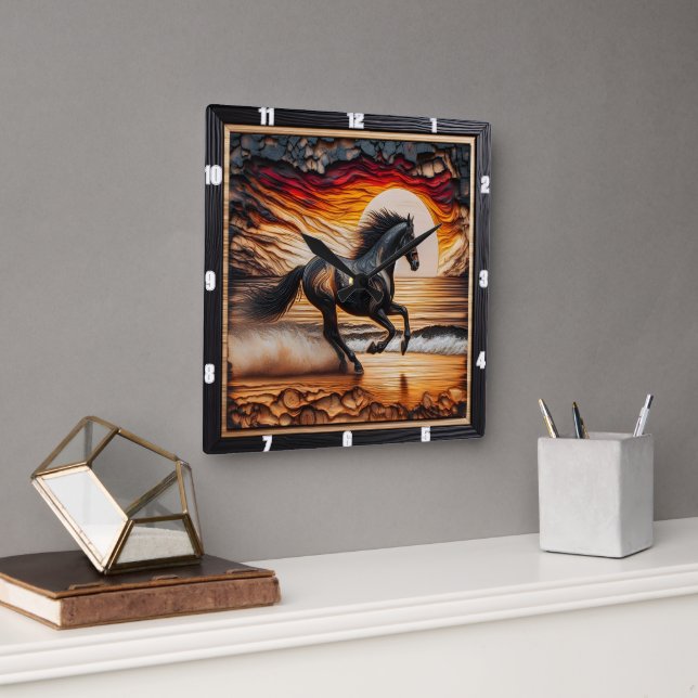 Beach Morgan Gallop: Charred Wood Scene Square Wall Clock (Office)
