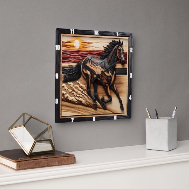 Beach Morgan Trot: Burned Wood Display Square Wall Clock (Office)