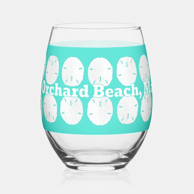 Beach Name Sand Dollars Turquoise Stemless Wine Glass (Left)