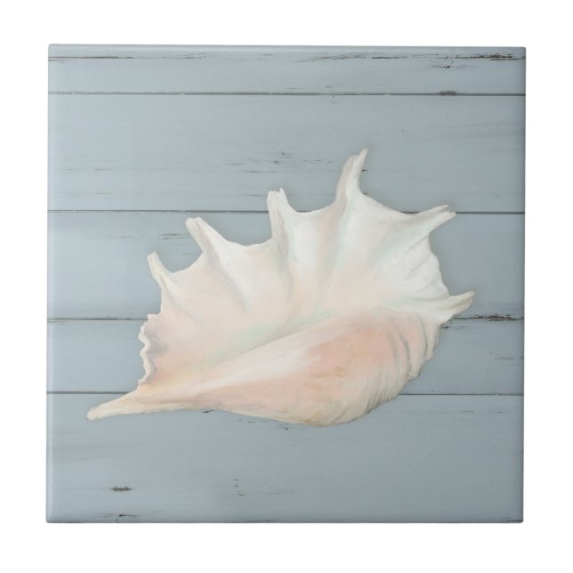 Beach Nautic Seashell Conch Tropical Blue Wood Tile (Front)