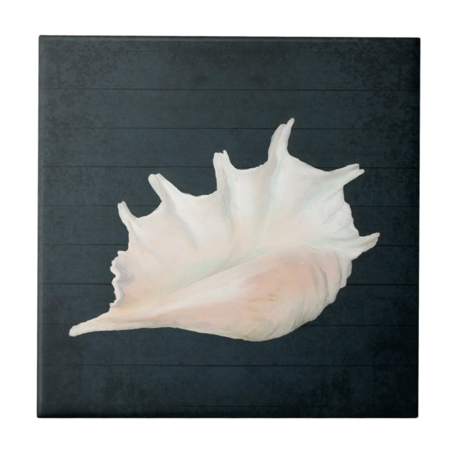Beach Nautic Seashell Conch Tropical Navy Wood Tile (Front)