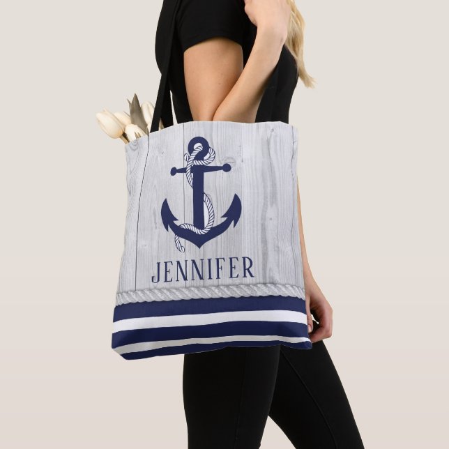 Beach Nautical Anchor Monogram Navy white Tote Bag (Close Up)