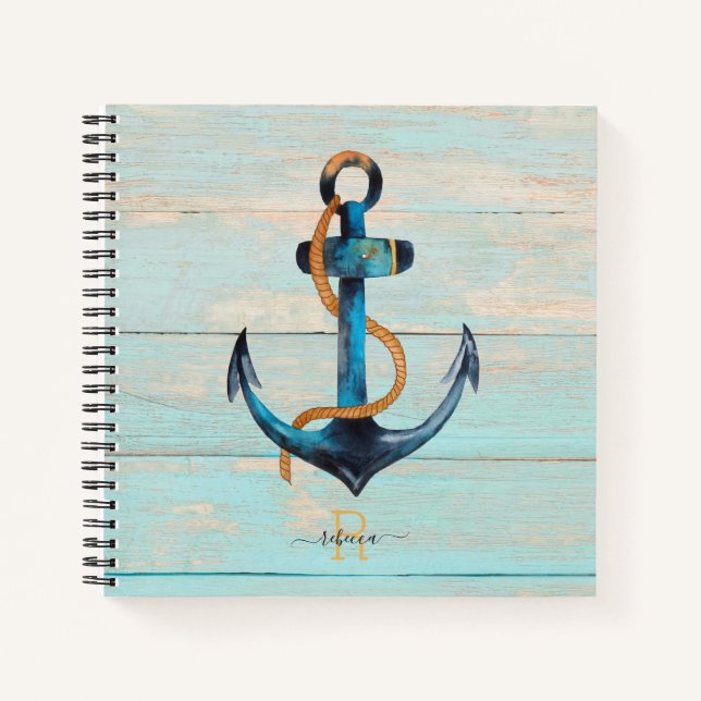 Beach Nautical Anchor Monogrammed Spiral Notebook (Front)