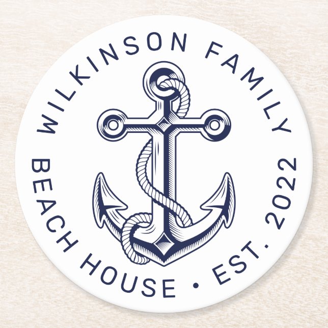 BEACH NAUTICAL BOAT LAKE HOUSE Add Your Name Year  Round Paper Coaster (Front)