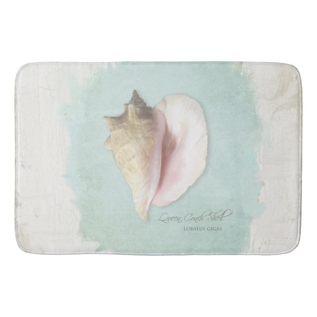 Beach Nautical Conch Shell Watercolor Blue White Bath Mat (Front)