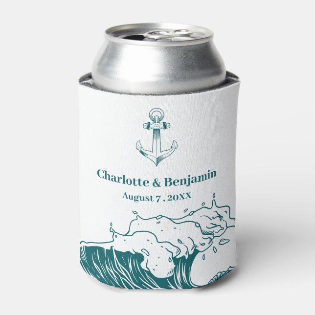 Beach Nautical Destination Custom Wedding Can Cooler (Can Front)
