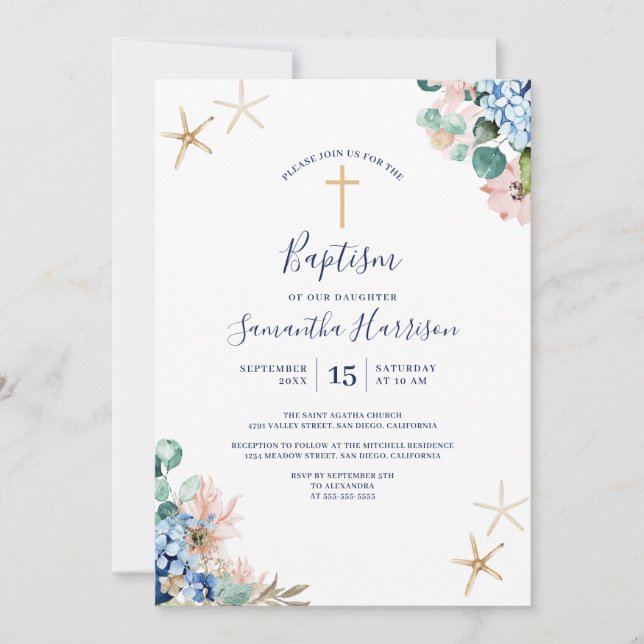 Beach Nautical Floral Baby Girl Baptism Invitation (Front)