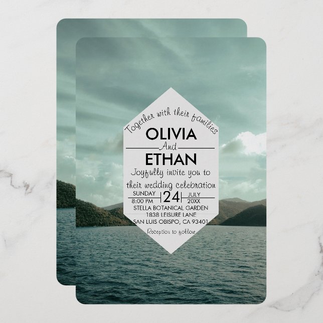 Beach nautical navy blue Wedding Foil Invitation (Front/Back)