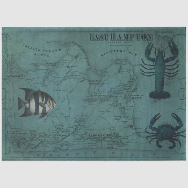 Beach Nautical Ocean Lobster Crab East Hampton Map Tissue Paper (Front)