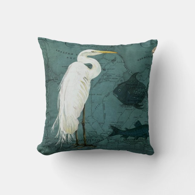 Beach Nautical Ocean Map Watercolor Heron Bird Cushion (Front)