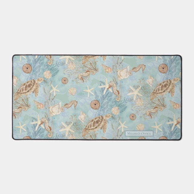 Beach Nautical Sea Turtle Seahorse Starfish Aqua Desk Mat (Front)