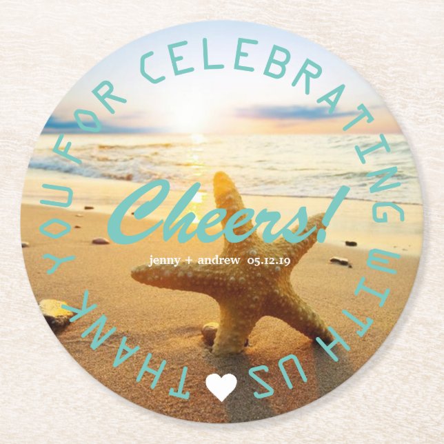 Beach Nautical Wedding Favour Party Personalised Round Paper Coaster (Front)