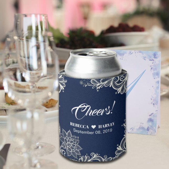 beach nautical white lace navy blue wedding can cooler (beach nautical white lace navy blue wedding can cooler)