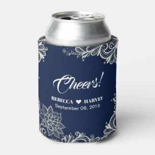 beach nautical white lace navy blue wedding can cooler