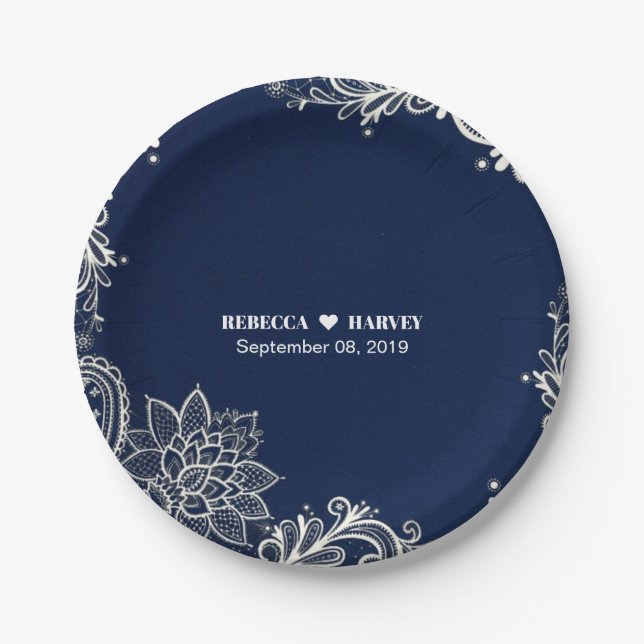 beach nautical white lace navy blue wedding paper plate (Front)
